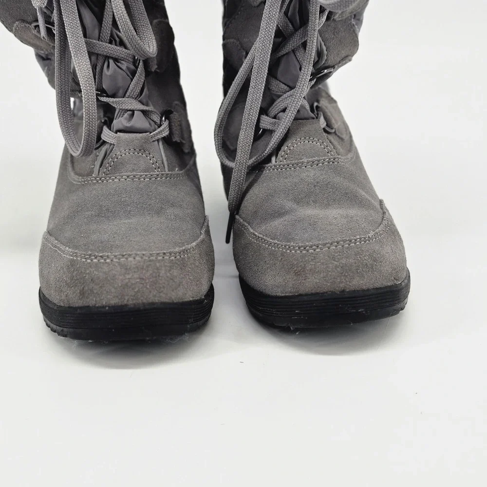Lands' End Grey Suede Quilted Faux Fur Winter Snow Boots Comfort Shoes 6 VGUC